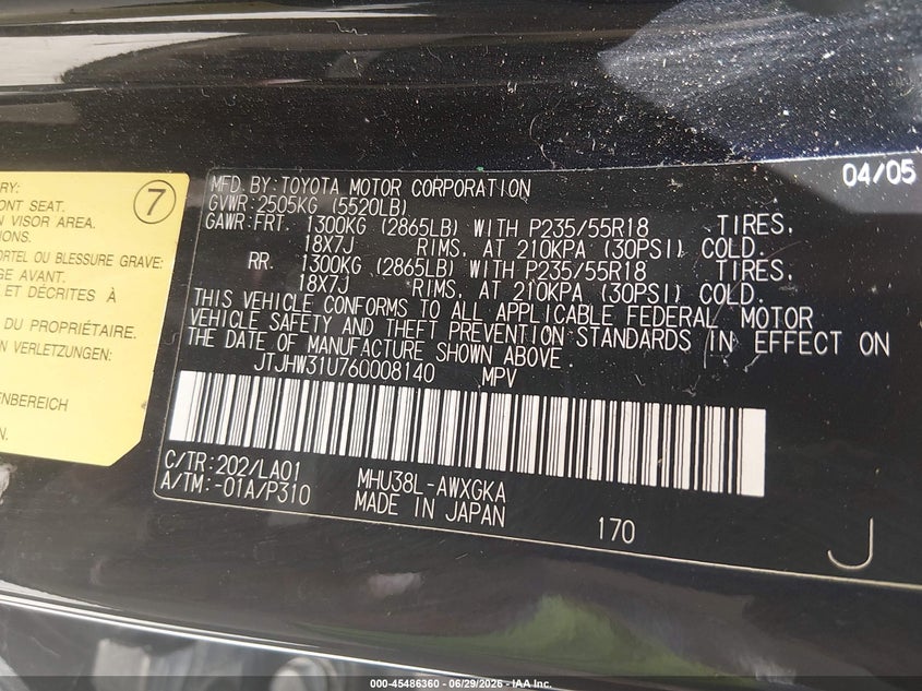 2006 Lexus Rx 400 VIN JTJHW31U760008140 IAAI salvage auction — NORMAL WEAR, Original (Texas), sold $1,250 on 2026-07-10 (photo 9)