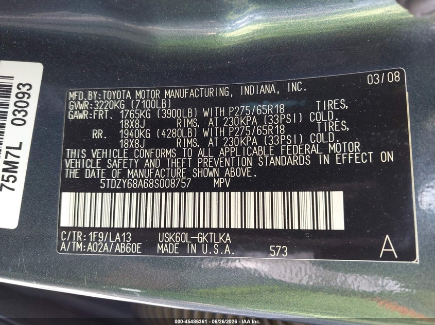 2008 Toyota Sequoia VIN 5TDZY68A68S008757 IAAI salvage auction — FRONT END, Salvage (Georgia), sold $3,350 on 2026-07-28 (photo 9)