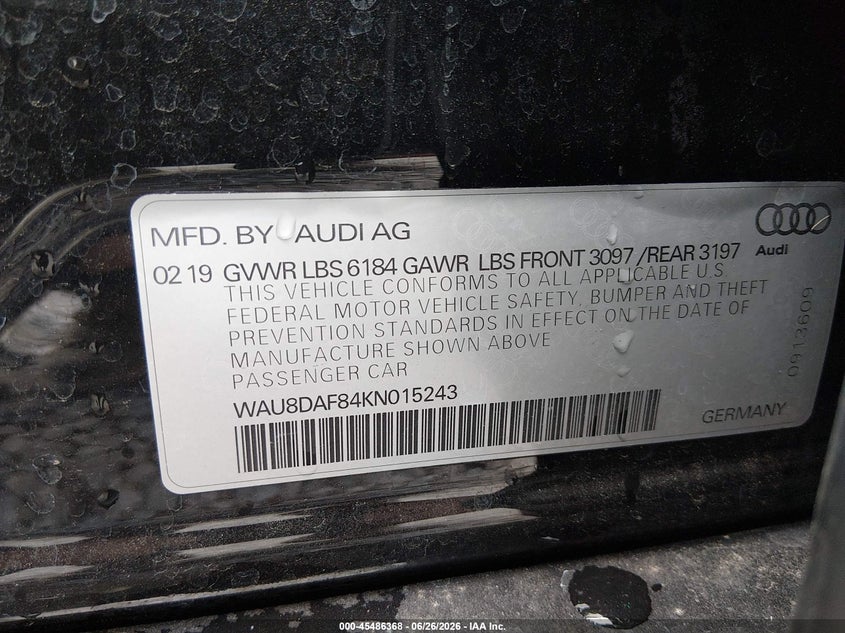 2019 Audi A8 VIN WAU8DAF84KN015243 IAAI salvage auction — FRONT END, Salvage Title, sold $12,000 on 2026-08-12 (photo 9)