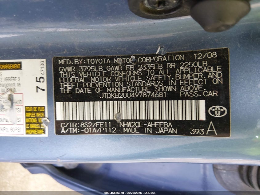 2009 Toyota Prius VIN JTDKB20U497874681 IAAI salvage auction — NORMAL WEAR, Clear (North Dakota), sold $450 on 2026-07-30 (photo 9)