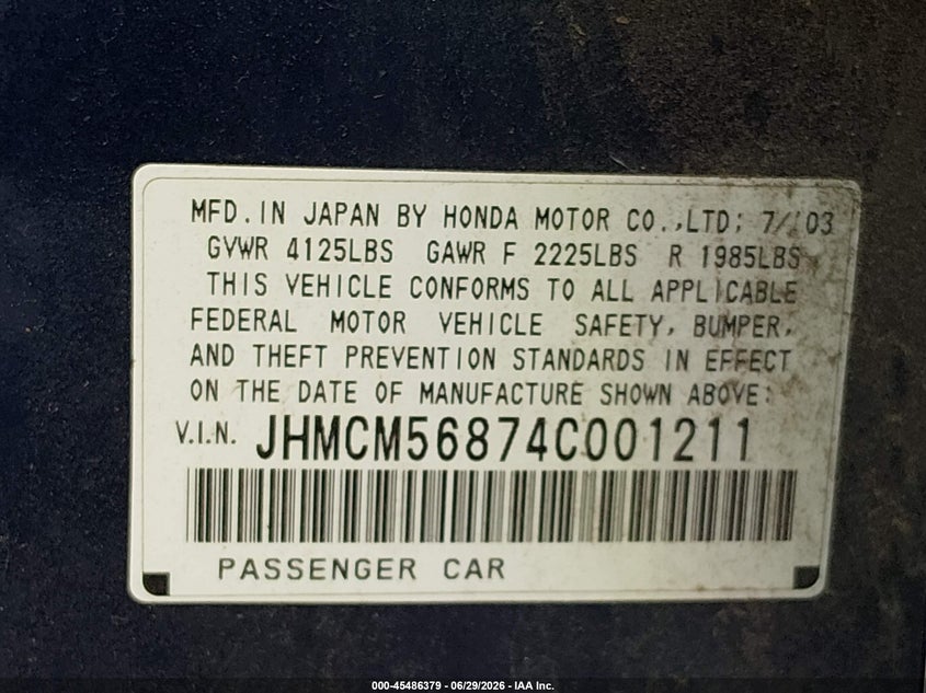 2004 Honda Accord VIN JHMCM56874C001211 IAAI salvage auction — NORMAL WEAR, Clear (Oklahoma), sold $400 on 2026-07-07 (photo 9)