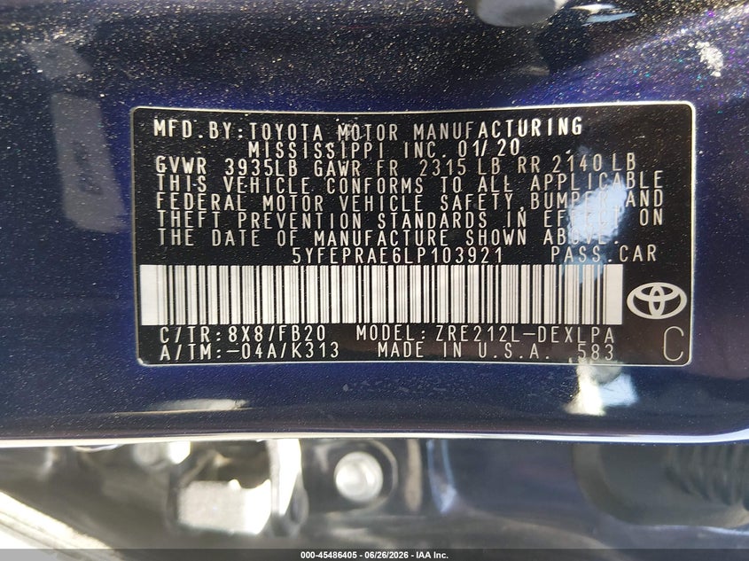 2020 Toyota Corolla VIN 5YFEPRAE6LP103921 IAAI salvage auction — FRONT END, Salvage Title, sold $2,000 on 2026-08-02 (photo 9)
