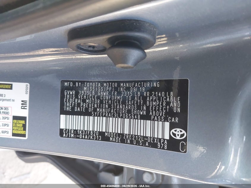 2020 Toyota Corolla VIN 5YFEPRAE9LP065648 IAAI salvage auction — LEFT FRONT, Salvage Title, sold $4,400 on 2026-07-22 (photo 9)