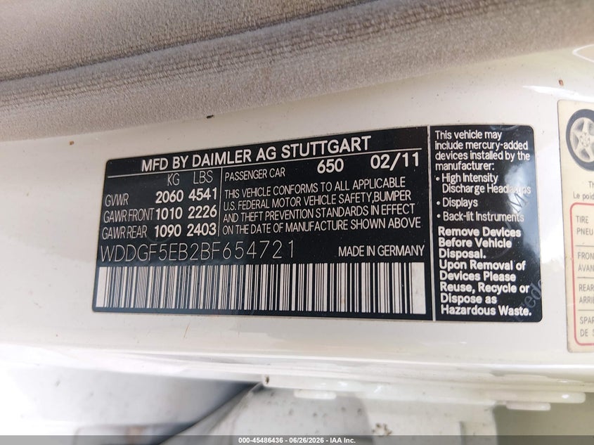 2011 Mercedes-benz C class VIN WDDGF5EB2BF654721 IAAI salvage auction — NORMAL WEAR, Clear (Florida), sold $1,900 on 2026-07-07 (photo 9)