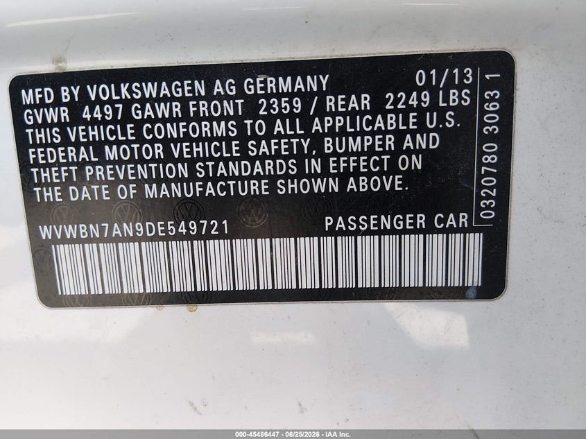 2013 Volkswagen Cc VIN WVWBN7AN9DE549721 IAAI salvage auction — NORMAL WEAR, Clear (Nevada), sold $1,050 on 2026-07-17 (photo 9)