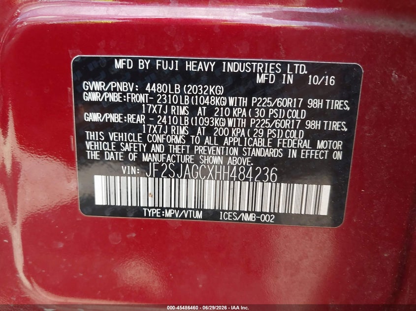 2017 Subaru Forester VIN JF2SJAGCXHH484236 IAAI salvage auction — FRONT END, Salvage (Pennsylvania), sold $1,100 on 2026-07-22 (photo 9)