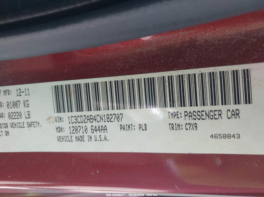 2012 Dodge Avenger VIN 1C3CDZAB4CN182707 IAAI salvage auction — NORMAL WEAR, Clear (Utah), sold $275 on 2026-07-09 (photo 9)