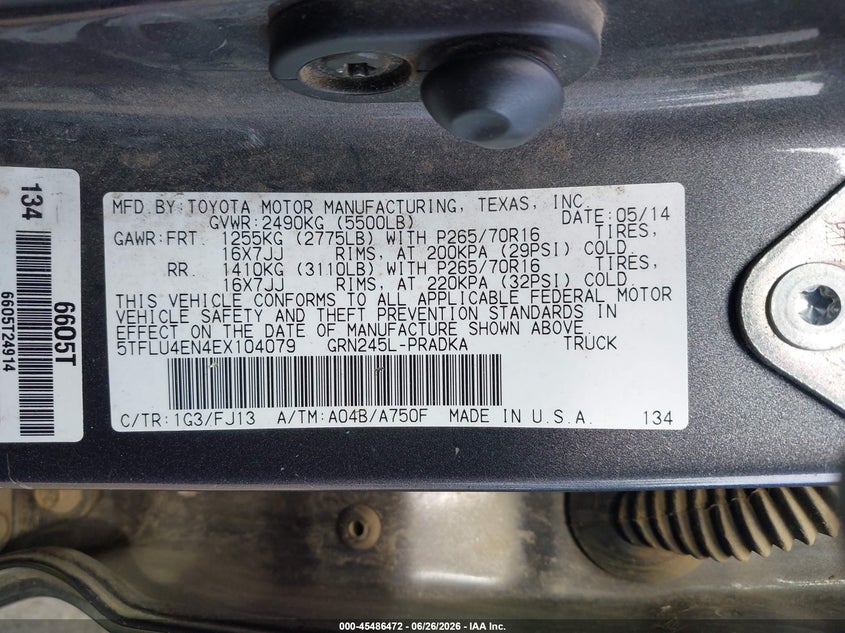 2014 Toyota Tacoma VIN 5TFLU4EN4EX104079 IAAI salvage auction — RIGHT FRONT, Bill Of Sale (Washington), sold $7,200 on 2026-07-08 (photo 9)