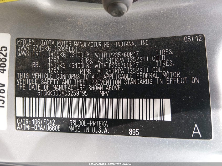 2012 Toyota Sienna VIN 5TDKK3DC4CS259195 IAAI salvage auction — REAR END, Salvage (California), sold $3,000 on 2026-07-29 (photo 9)