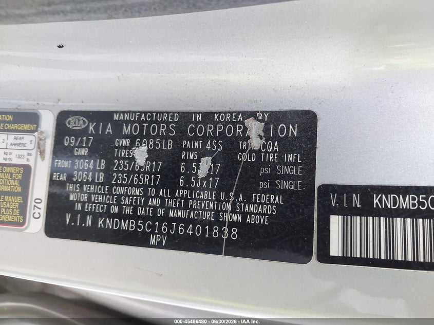 2018 Kia SEDONA VIN KNDMB5C16J6401838 IAAI salvage auction — FRONT END, Bill Of Sale (Washington), sold $125 on 2026-07-28 (photo 9)