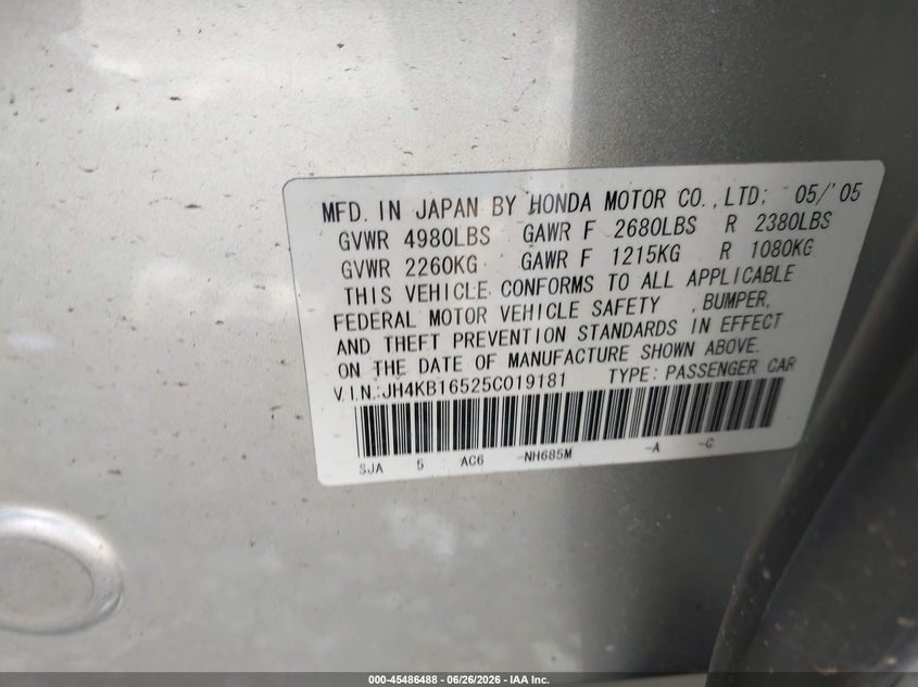 2005 Acura Rl VIN JH4KB16525C019181 IAAI salvage auction — FRONT END, Salvage (Pennsylvania), sold $175 on 2026-07-28 (photo 9)