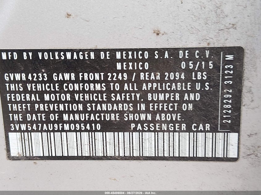 2015 Volkswagen Golf gti VIN 3VW547AU9FM095410 IAAI salvage auction — NORMAL WEAR, Clear (Washington), sold $6,100 on 2026-07-08 (photo 9)