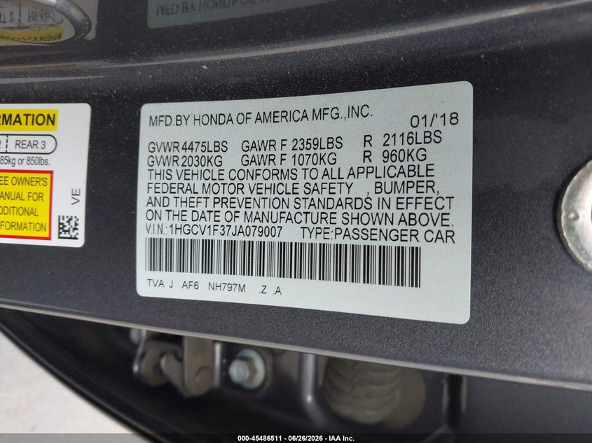 2018 Honda Accord VIN 1HGCV1F37JA079007 IAAI salvage auction — LEFT FRONT, Salvage (California), sold $5,100 on 2026-07-09 (photo 9)