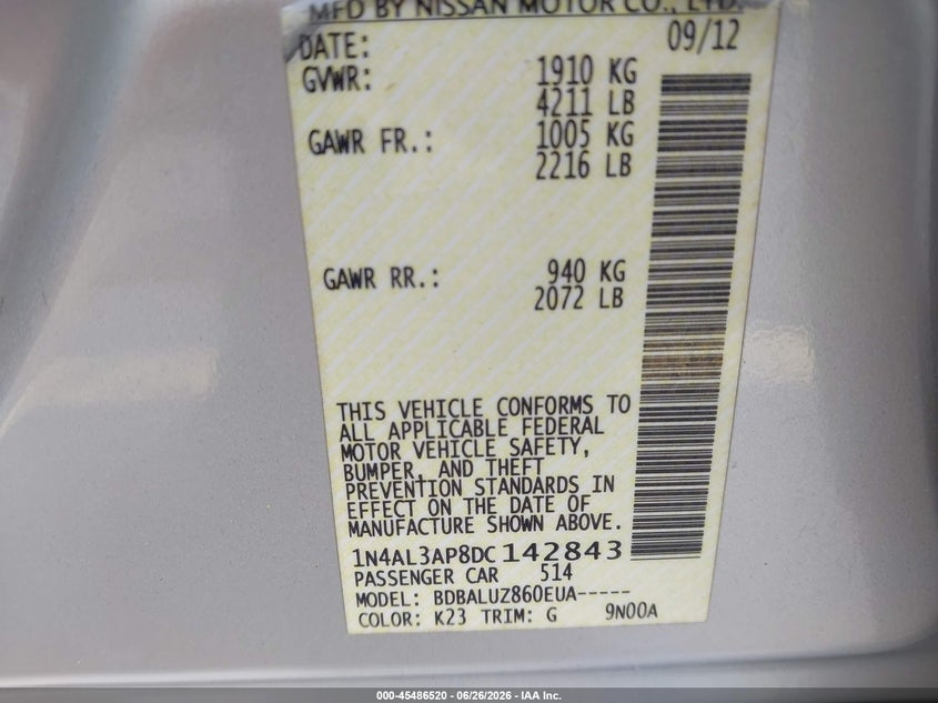 2013 Nissan Altima VIN 1N4AL3AP8DC142843 IAAI salvage auction — REAR END, Rebuildable (Florida), sold $500 on 2026-07-10 (photo 9)