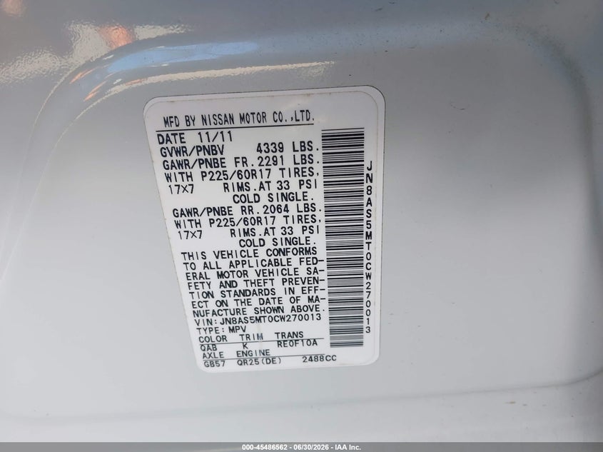 2012 Nissan Rogue VIN JN8AS5MT0CW270013 IAAI salvage auction — FRONT END, Salvage Title, sold $1,000 on 2026-07-30 (photo 9)