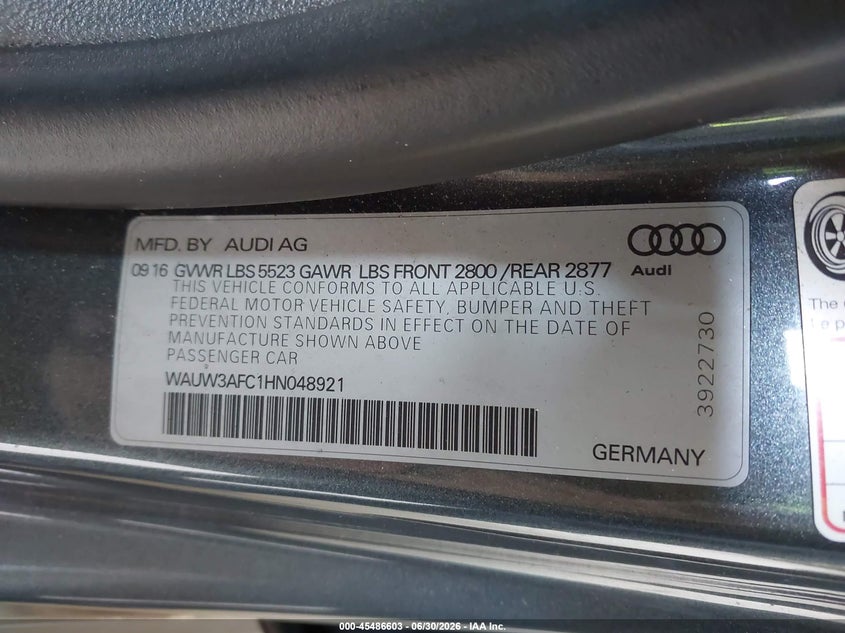 2017 Audi A7 VIN WAUW3AFC1HN048921 IAAI salvage auction — FRONT END, Salvage Title, sold $3,050 on 2026-07-15 (photo 9)