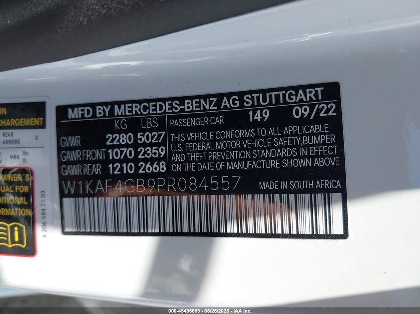 2023 Mercedes-benz C-klasse VIN W1KAF4GB9PR084557 IAAI salvage auction — FRONT END, Salvage (California), sold $16,350 on 2026-07-20 (photo 9)