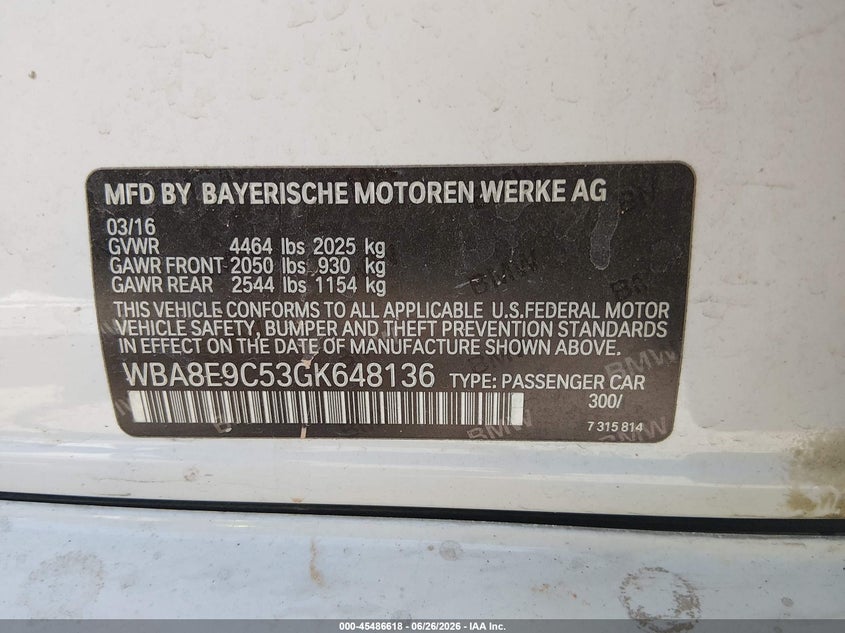 2016 BMW 3er VIN WBA8E9C53GK648136 IAAI salvage auction — FRONT END, Salvage (Texas), sold $475 on 2026-07-29 (photo 9)