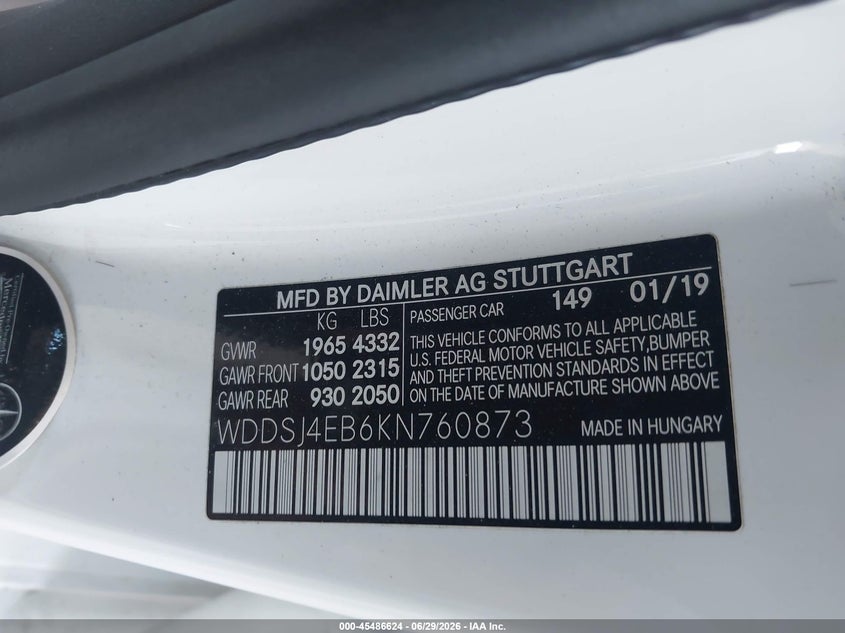 2019 Mercedes-benz Cla-klasse VIN WDDSJ4EB6KN760873 IAAI salvage auction — VANDALISM, Salvage (California), sold $7,100 on 2026-07-28 (photo 9)