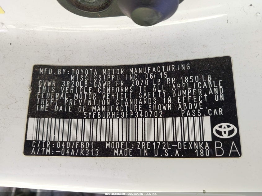 2015 Toyota Corolla VIN 5YFBURHE9FP340702 IAAI salvage auction — FRONT END, Salvage (California), sold $2,600 on 2026-07-13 (photo 9)