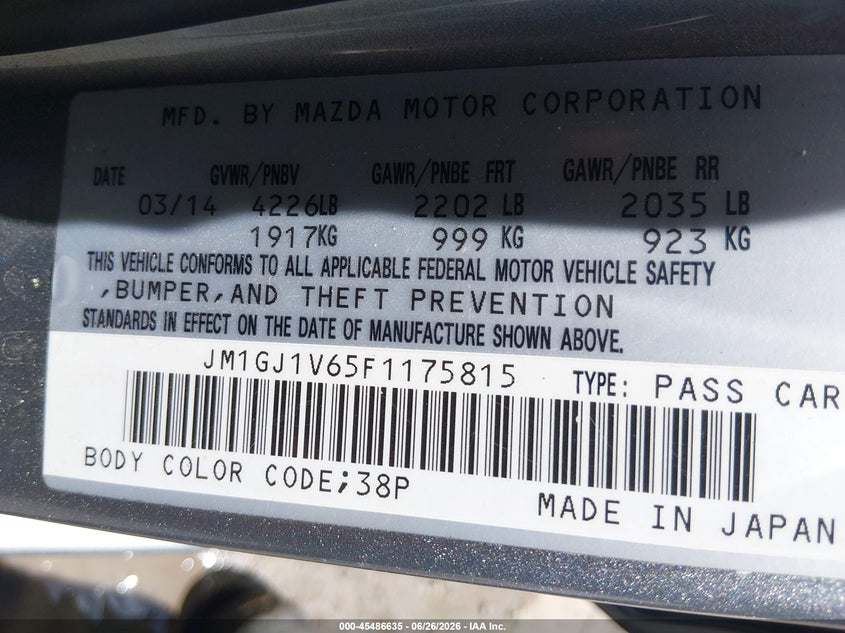 2015 Mazda 6 VIN JM1GJ1V65F1175815 IAAI salvage auction — FRONT END, Salvage (Montana), sold $25 on 2026-07-29 (photo 9)