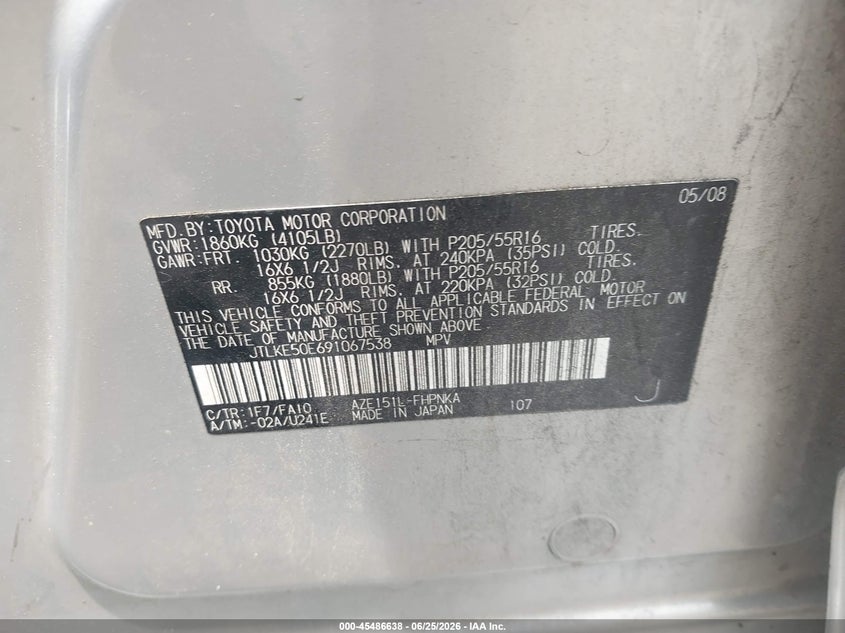 2009 Scion Xb VIN JTLKE50E691067538 IAAI salvage auction — NORMAL WEAR, Clear (Virginia), sold $525 on 2026-07-28 (photo 9)