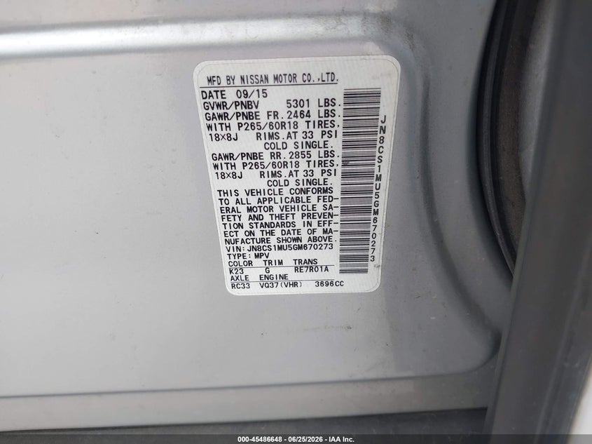 2016 Infiniti Qx70 VIN JN8CS1MU5GM670273 IAAI salvage auction — FRONT END, Salvage Title, sold $2,400 on 2026-08-21 (photo 9)