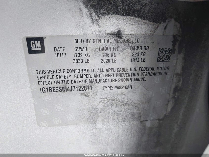 2018 Chevrolet Cruze VIN 1G1BE5SM4J7122871 IAAI salvage auction — REAR END, Salvage Title, sold $1,500 on 2026-07-31 (photo 9)
