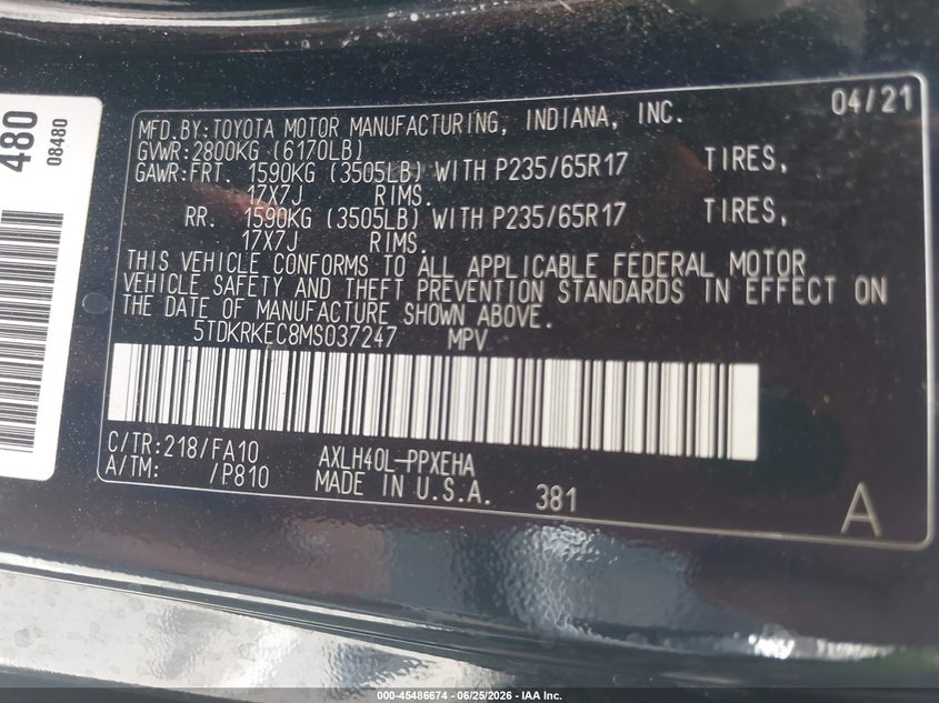 2021 Toyota Sienna VIN 5TDKRKEC8MS037247 IAAI salvage auction — RIGHT FRONT, Salvage Title, sold $7,100 on 2026-07-21 (photo 9)