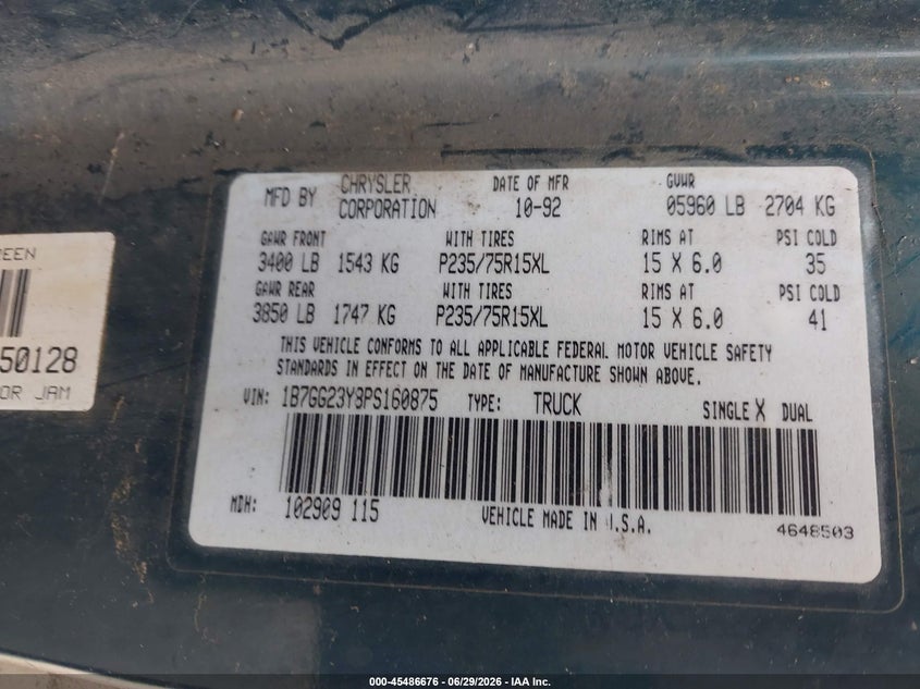 1993 Dodge Dakota VIN 1B7GG23Y8PS160875 IAAI salvage auction — NORMAL WEAR, Clear (Washington), sold $325 on 2026-07-08 (photo 9)