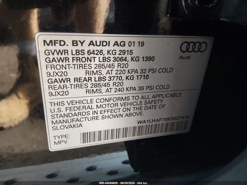 2019 Audi Q7 VIN WA1LHAF70KD027415 IAAI salvage auction — RIGHT FRONT, Salvage (Arizona), sold $3,050 on 2026-07-30 (photo 9)