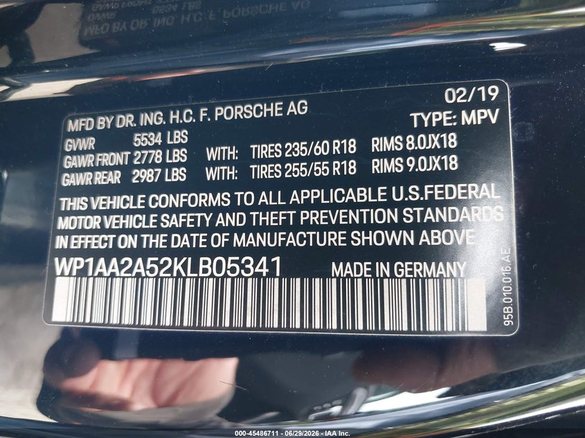 2019 Porsche Macan VIN WP1AA2A52KLB05341 IAAI salvage auction — LEFT FRONT, Salvage (California), sold $13,500 on 2026-07-29 (photo 9)