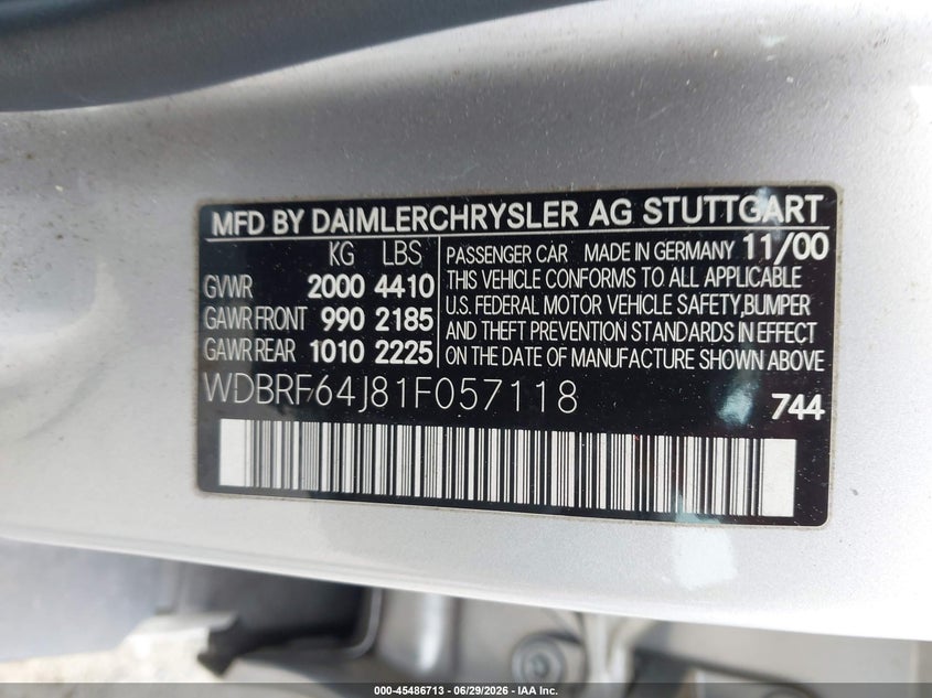 2001 Mercedes-benz C class VIN WDBRF64J81F057118 IAAI salvage auction — NORMAL WEAR, Clear (Washington), sold $400 on 2026-07-15 (photo 9)