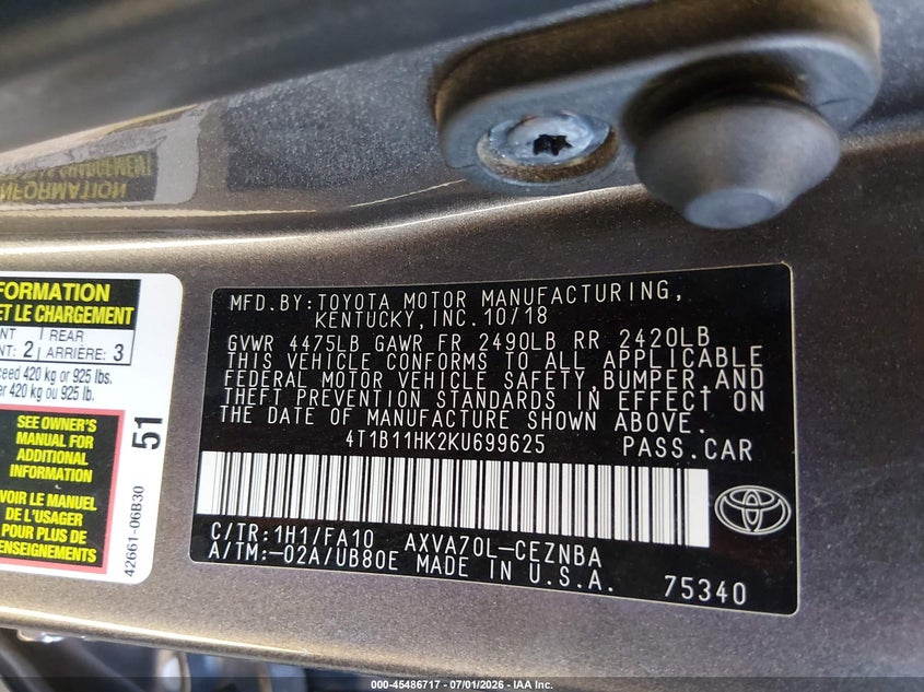2019 Toyota Camry VIN 4T1B11HK2KU699625 IAAI salvage auction — FRONT END, Salvage (Arizona), sold $2,800 on 2026-07-27 (photo 9)