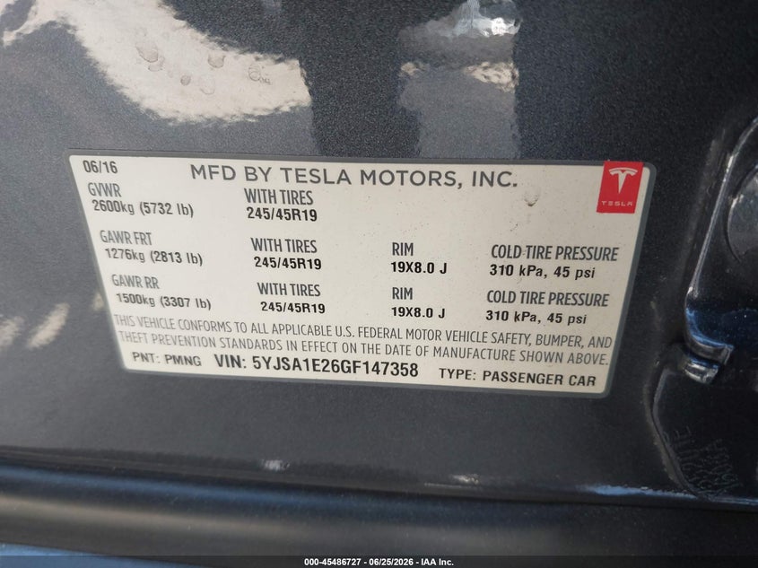 2016 Tesla Model s VIN 5YJSA1E26GF147358 IAAI salvage auction — FRONT END, Salvage (California), sold $5,200 on 2026-07-10 (photo 9)