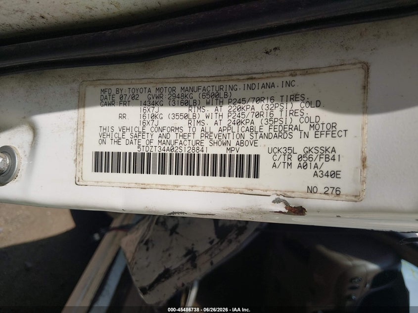 2002 Toyota Sequoia VIN 5TDZT34A02S128841 IAAI salvage auction — NORMAL WEAR, Clear (Virginia), sold $950 on 2026-07-29 (photo 9)