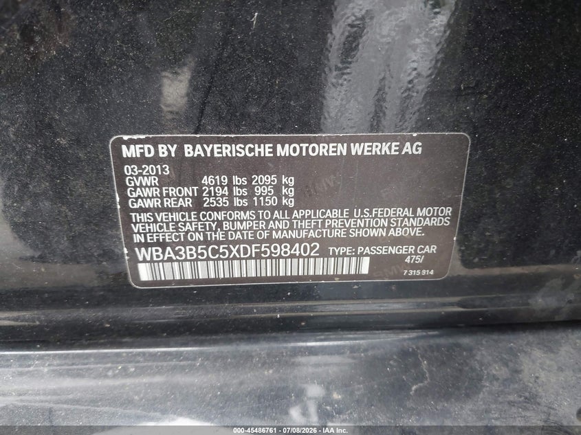 2013 BMW 3er VIN WBA3B5C5XDF598402 IAAI salvage auction — FRONT END, Salvage Title, sold $700 on 2026-07-22 (photo 9)