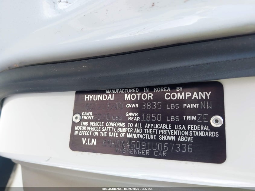 2001 Hyundai Elantra VIN KMHDN45D91U067336 IAAI salvage auction — NORMAL WEAR, Clear - Dealer Only (California), sold $950 on 2026-07-06 (photo 9)