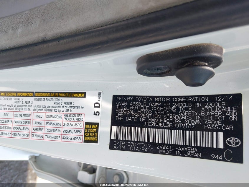 2015 Toyota Prius v VIN JTDZN3EU2FJ019187 IAAI salvage auction — LEFT FRONT, Salvage Title, sold $2,150 on 2026-07-12 (photo 9)
