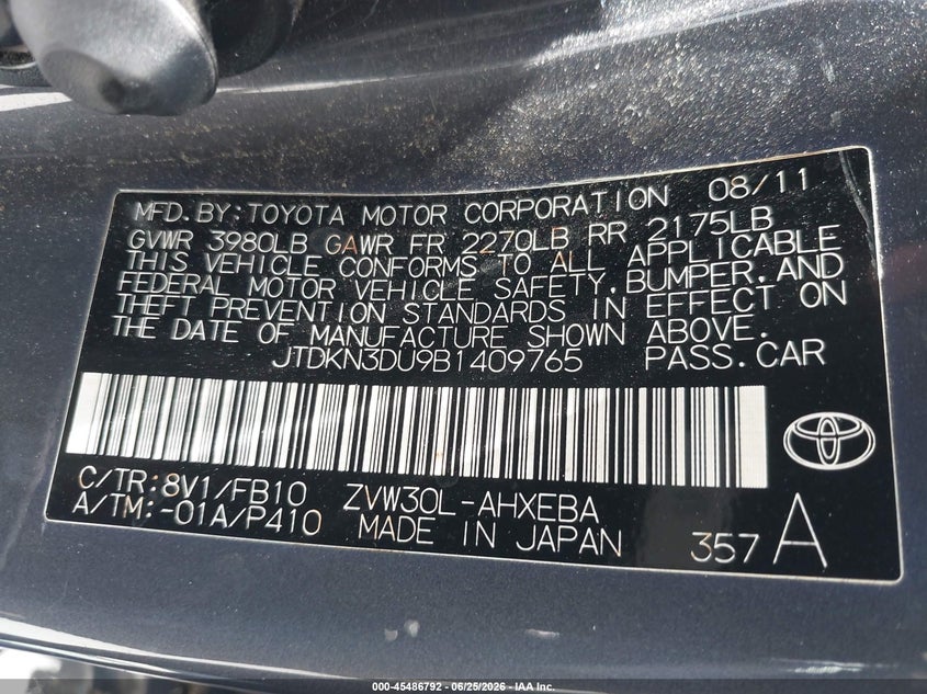 2011 Toyota Prius VIN JTDKN3DU9B1409765 IAAI salvage auction — NORMAL WEAR, Clear - Dealer Only (California), sold $2,500 on 2026-07-13 (photo 9)