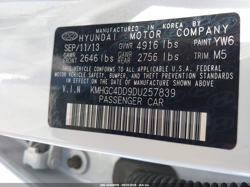 2013 Hyundai Genesis VIN KMHGC4DD9DU257839 IAAI salvage auction — NORMAL WEAR, Clear - Dealer Only (California), sold $1,100 on 2026-07-09 (photo 9)