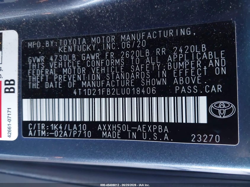 2020 Toyota Avalon VIN 4T1D21FB2LU018406 IAAI salvage auction — LEFT FRONT, Salvage (California), sold $11,250 on 2026-07-14 (photo 9)