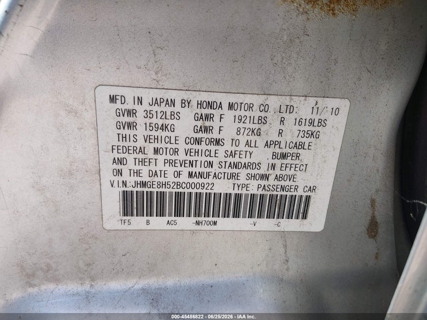 2011 Honda Fit VIN JHMGE8H52BC000922 IAAI salvage auction — NORMAL WEAR, Original (Ohio), sold $225 on 2026-07-28 (photo 9)