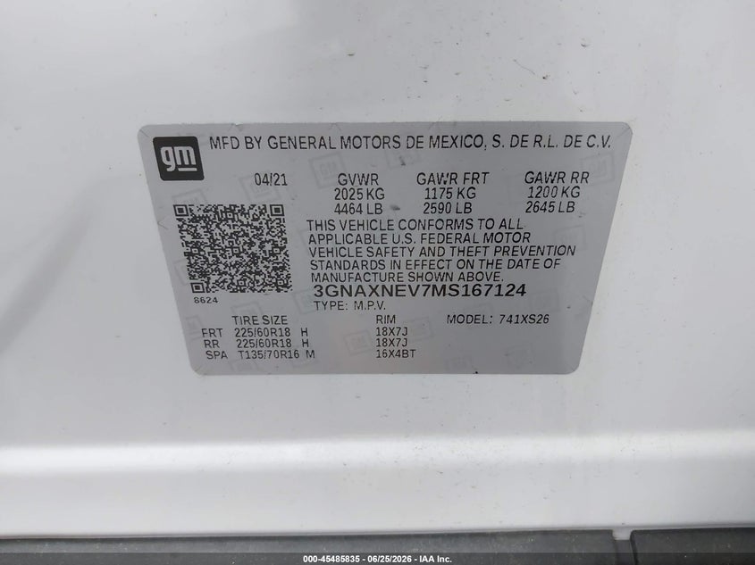 2021 Chevrolet Equinox VIN 3GNAXNEV7MS167124 IAAI salvage auction — REAR END, Salvage Certificate (California), sold $6,000 on 2026-07-11 (photo 9)