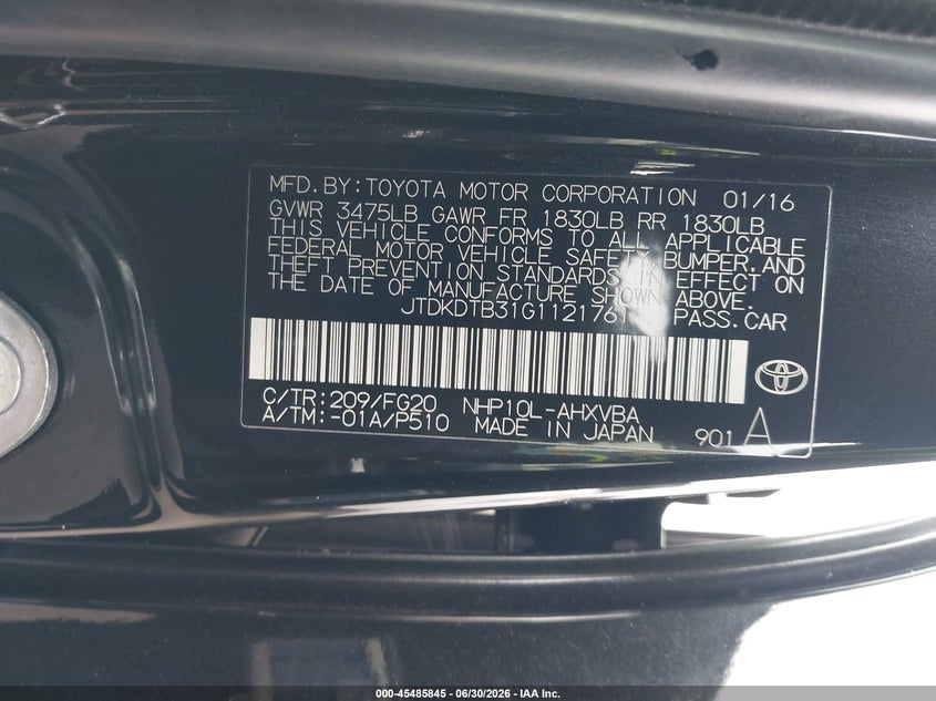 2016 Toyota Prius c VIN JTDKDTB31G1121761 IAAI salvage auction — FRONT END, Salvage Certificate (California), sold $550 on 2026-07-24 (photo 9)