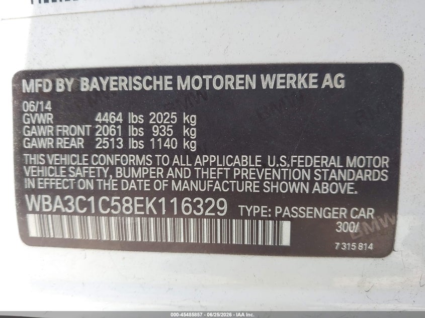 2014 BMW 3er VIN WBA3C1C58EK116329 IAAI salvage auction — FRONT END, Salvage (California), sold $950 on 2026-07-22 (photo 9)
