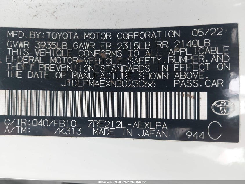 2022 Toyota Corolla VIN JTDEPMAEXN3023066 IAAI salvage auction — SIDE, Salvage (California), sold $7,250 on 2026-07-20 (photo 9)