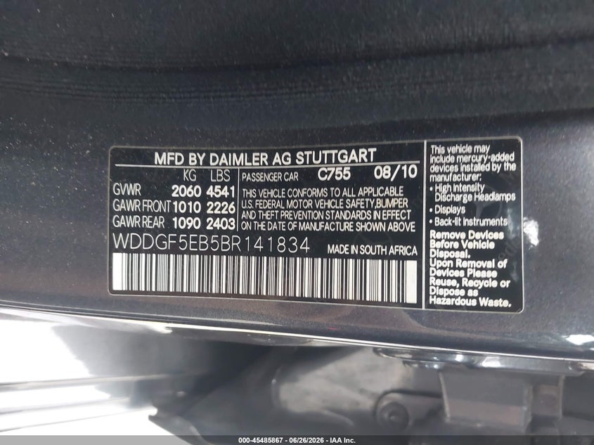 2011 Mercedes-benz C class VIN WDDGF5EB5BR141834 IAAI salvage auction — LEFT FRONT, Salvage (California), sold $975 on 2026-08-03 (photo 9)