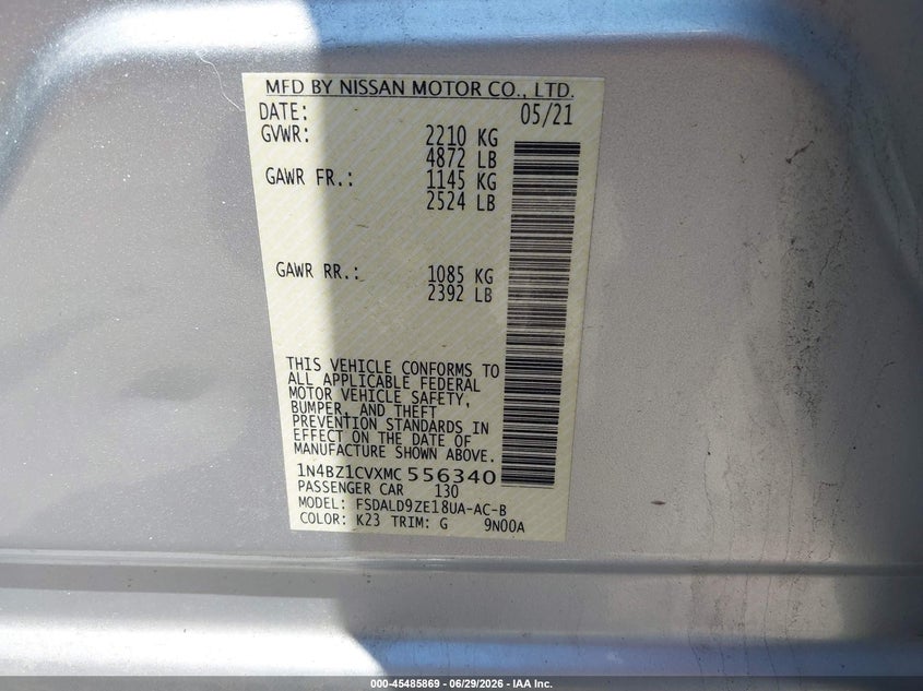 2021 Nissan Leaf VIN 1N4BZ1CVXMC556340 IAAI salvage auction — FRONT END, Salvage Title, sold $5,300 on 2026-07-11 (photo 9)