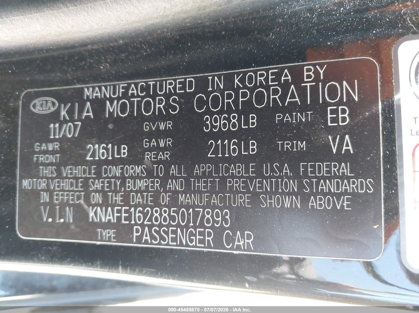 2008 Kia Spectra VIN KNAFE162885017893 IAAI salvage auction — NORMAL WEAR, Clear - Dealer Only (California), sold $350 on 2026-07-30 (photo 9)